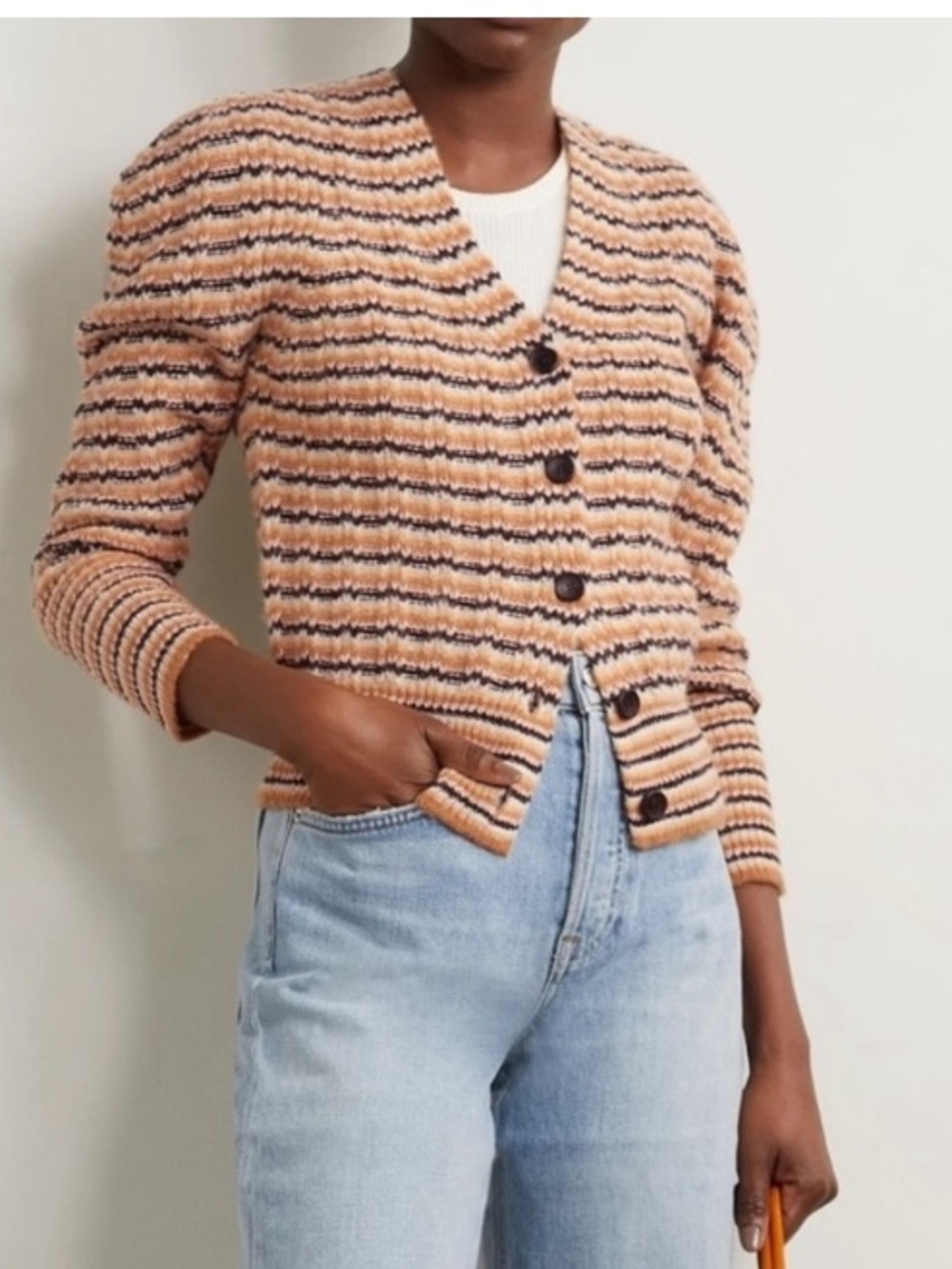 A.L.C. Rebekah Striped Chunky Knit V-Neck Puff Sleeve Cardigan Sweater Brown XS